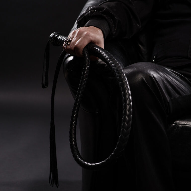 Male hand holding black leather whip